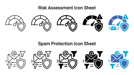 Obraz premium Comprehensive collection of vector icon sets showing risk assessment and spam protection concepts with modern bold outlines and flat gradient styles for professional software interface design