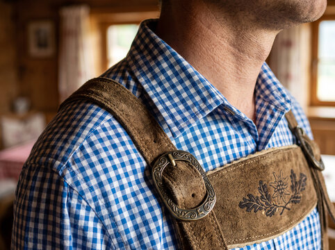 Man Wearing Blue Checkered Shirt and Leather Suspenders