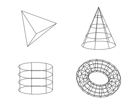 Geometric 3D shapes wireframe collection including tetrahedron cone cylinder and torus