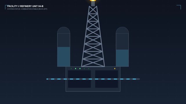 Flat vector motion graphic of an oil refinery facility with status data and industrial tower
