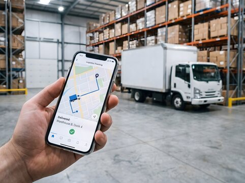 A person holding a smartphone showing logistics tracking software in a large warehouse with a delivery truck