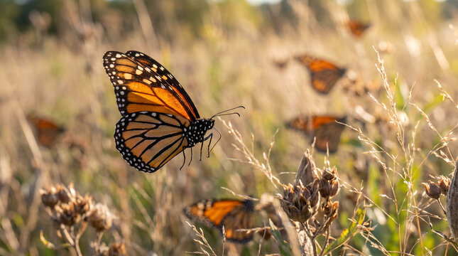 Monarch butterfly flying above wildflowers in a sunny meadow  