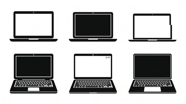 Laptop Illustration Icon Collection: Six Stylized Front-Facing Designs Depicting Screen Variations and Keyboard Layouts for Technology, User Interface, and Creative Design Inspiration
