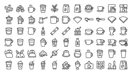 Fototapeta premium Professional coffee and beverage shop icon set with brewing equipment, cafe shop