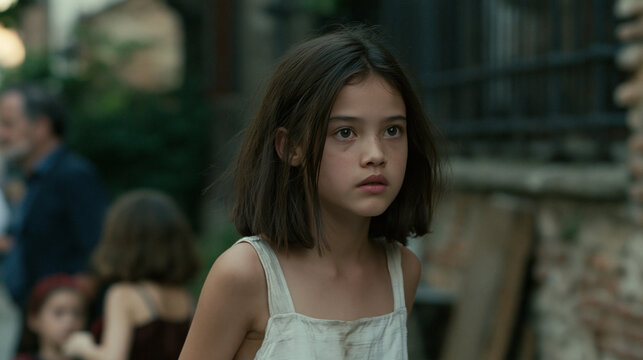 Young Girl's Gaze: A young girl with a thoughtful expression looks off into the distance, her innocent eyes conveying a sense of wonder and quiet contemplation amidst a blurred, sun-drenched backdrop.