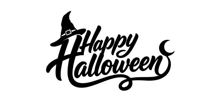 Happy Halloween script typography logo design with witch hat and crescent moon isolated on transparent background
