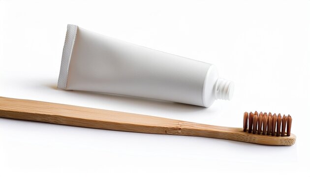 Natural Bamboo Toothbrush And Blank Toothpaste Tube Mockup Isolated On A White Background