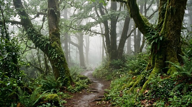 Halloween a mystical, foggy forest path winding through mosscovered trees and lush ferns in a dense, atmospheric woodland setting