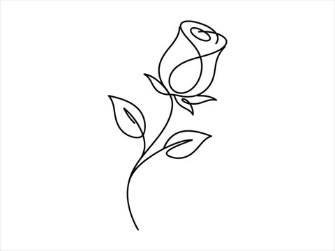 Minimalist continuous line drawing of a single rose flower with leaves isolated on a white background for artistic design projects and simple floral illustrations