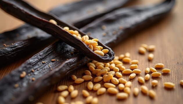Natural vanilla beans with seeds scattered on wooden surface showcasing culinary delights. Vanilla beans emphasize gourmet cooking with rich flavors and aromatic spices.