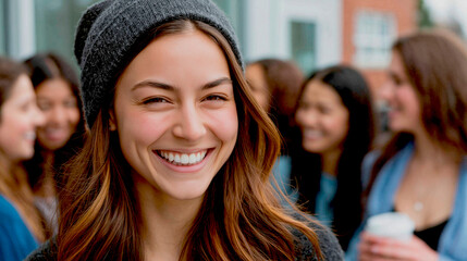 Obraz premium A happy young woman with a beanie and a warm smile, surrounded by friends in the background. The image captures a moment of genuine joy and connection