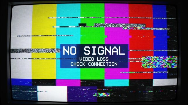 Old television screen with color bars test pattern and no signal error message