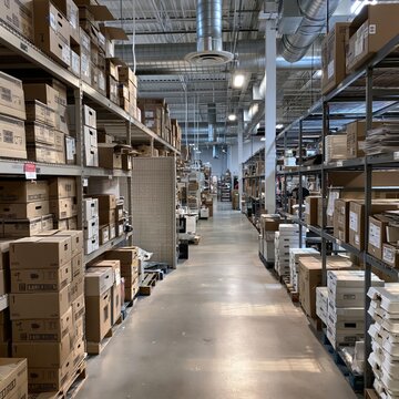 Warehouse Aisle with Overstock Boxes and Shelving Units