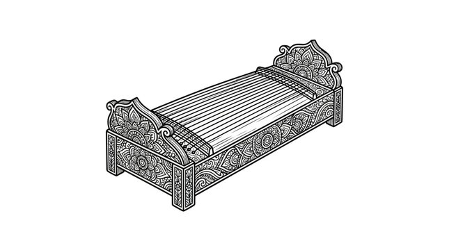 Ornate traditional dulcimer stringed instrument illustration.