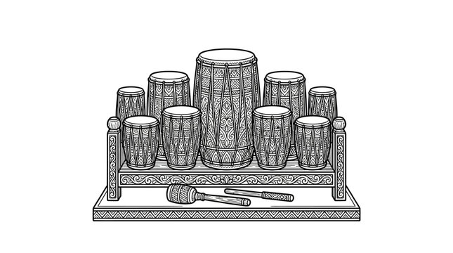 Set of ethnic drums on a wooden stand.