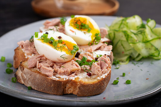 Open Faced Tuna Sandwiches with Egg and Cucumber Salad