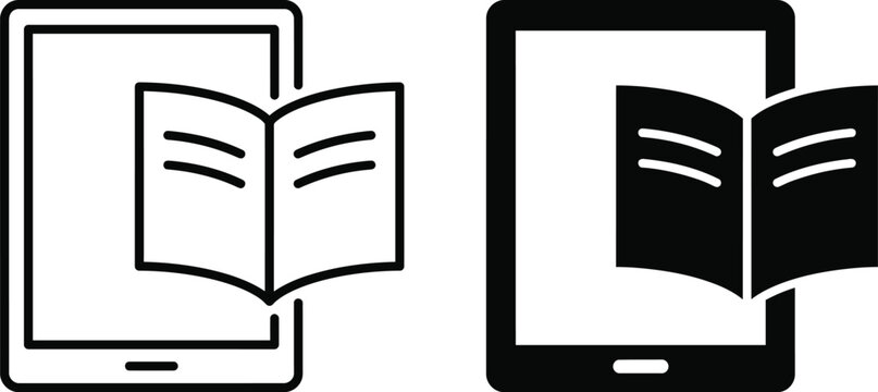 Digital ebook reader icons featuring outline and solid black silhouette isolated on transparent background