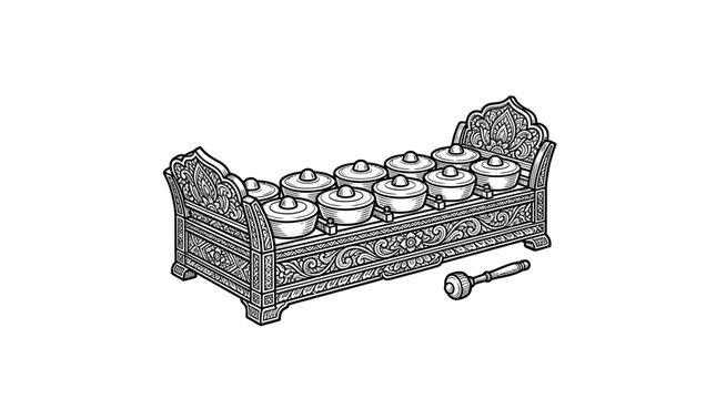 Traditional Indonesian gamelan bonang percussion instrument line art