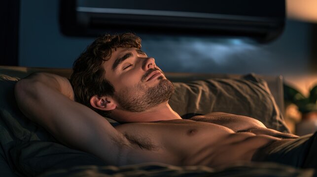 Man rests shirtless on bed, eyes closed
