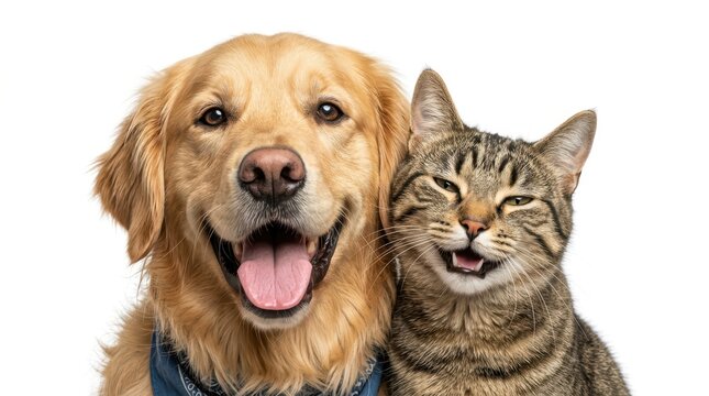 Closeup of a happy golden retriever dog and a tabby cat smiling together isolated on white background