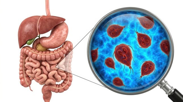 3d medical illustration of giardia lamblia parasites in the human small intestine