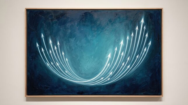 Glowing white arrows forming an upward curve on a textured deep blue oil painting canvas