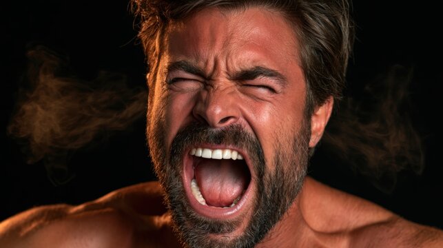 Man shouts with intense emotion against a dark background