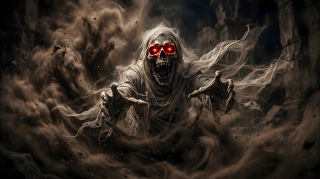 Halloween terrifying ghost skeleton with glowing red eyes emerging from dark dusty ruins