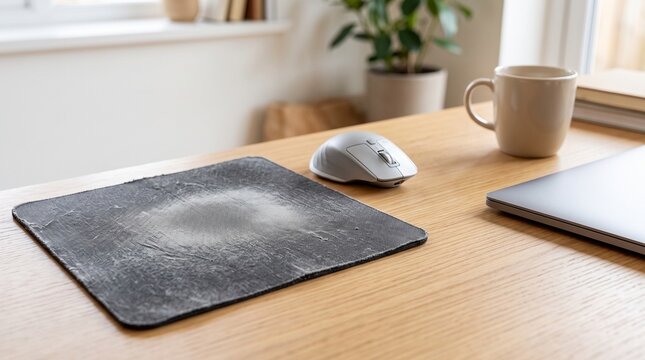 Mouse pad and computer mouse on wooden desk with coffee cup  