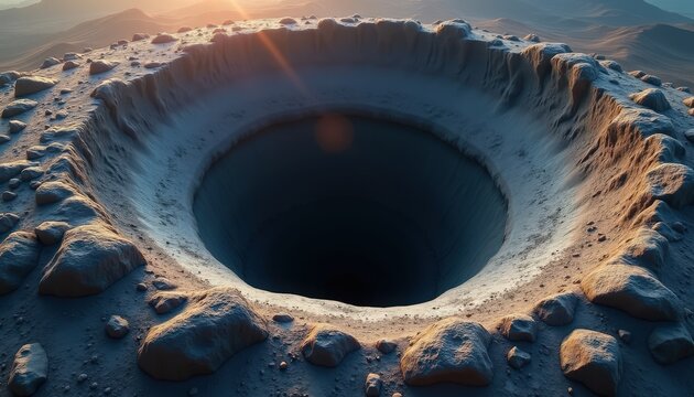 Deep crater surrounded by rocky terrain in majestic landscape with sunlight illuminating edges of hole. Crater reveals natural geological features and textures,