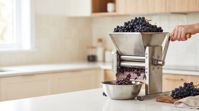 Grape crushing machine in kitchen with fresh grapes for winemaking  
