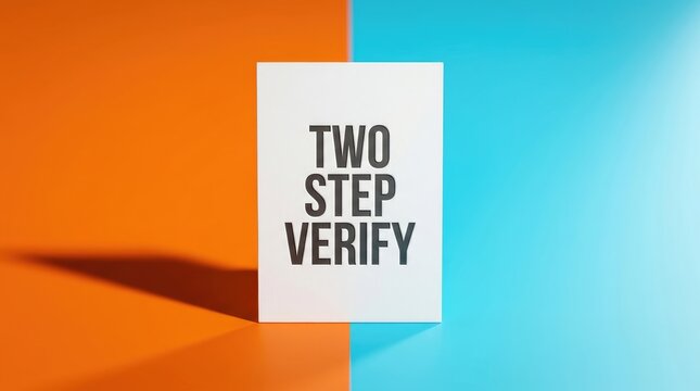 Two step verify text displayed on white card standing against vibrant orange and blue background
