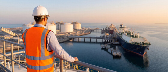Engineer looking at a liquefied natural gas tanker ship docked at a port terminal during sunset