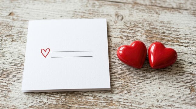 Blank white paper card with heart icon next to two glossy red hearts on wood