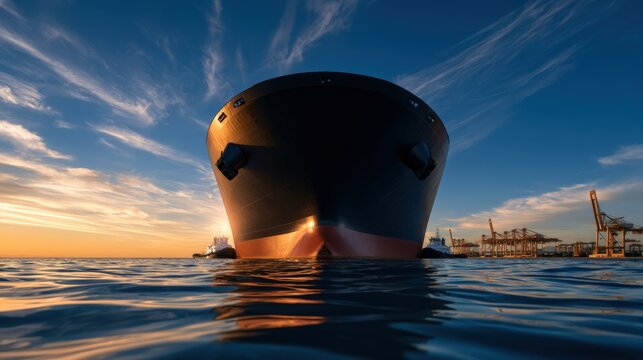 Massive cargo ship dominates water's surface