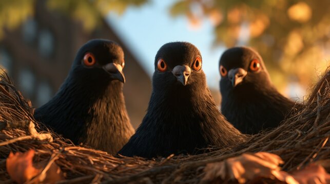 Three pigeons perch in a cozy, autumnal nest