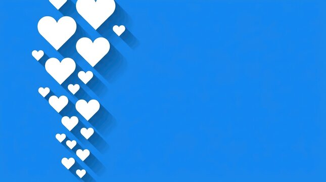 Multiple white hearts floating upwards against vibrant blue backdrop with long shadows for social media