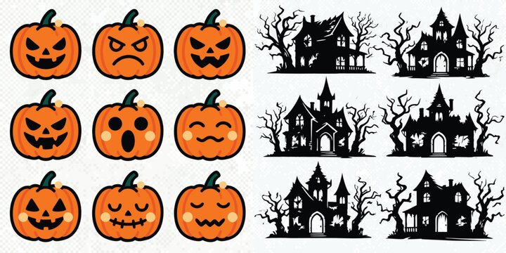 Halloween vector graphic elements set with orange jack o lantern pumpkin faces and black haunted house silhouettes with spooky trees