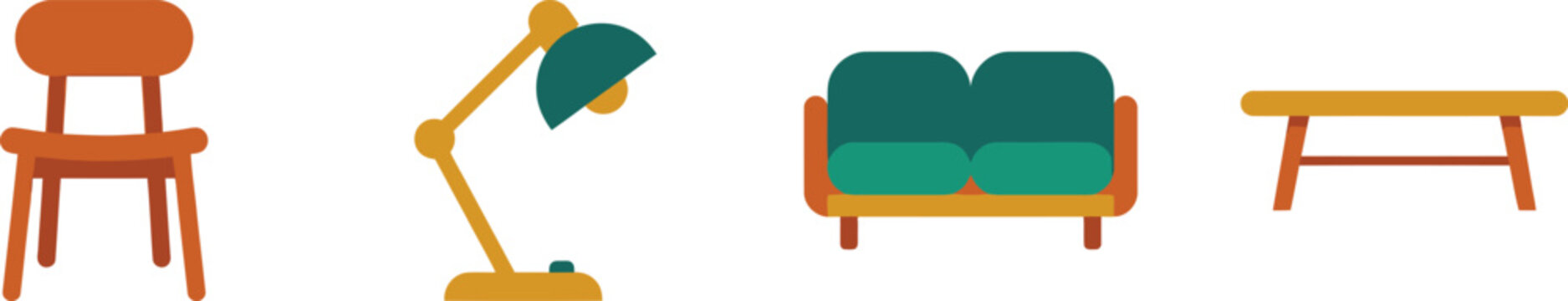 Mid-century modern furniture set, flat vector interior decor icons with sofa and chair, retro home office elements including desk lamp and table