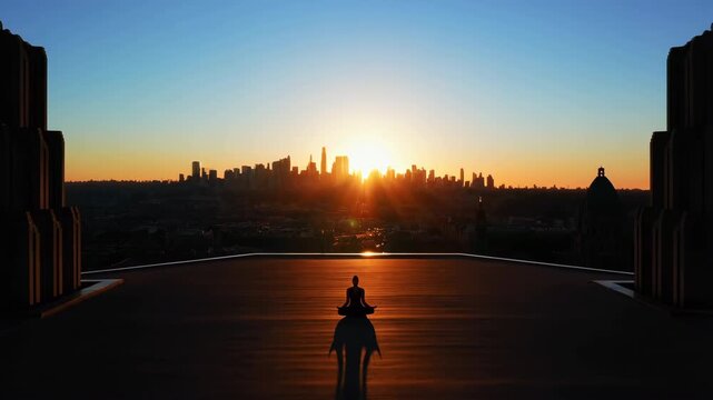 Rooftop sunrise meditation silhouette above city skyline with long shadow, warm rim light, glowing horizon, and centered calm figure in reflective urban setting