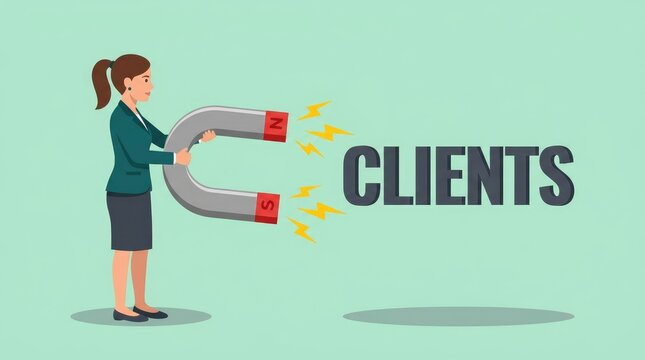 Professional businesswoman holding large magnetic tool to attract new clients in this clean vector illustration
