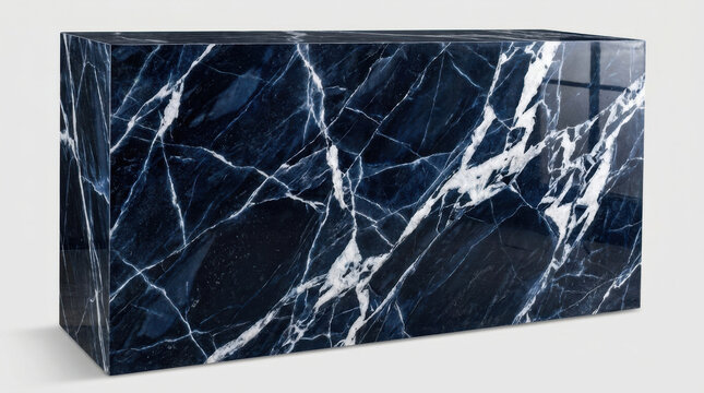 A rectangular block of polished dark blue marble with white veins isolated on white.