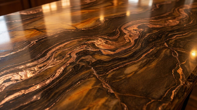 Close up view of a luxurious polished dark marble countertop with golden veins.