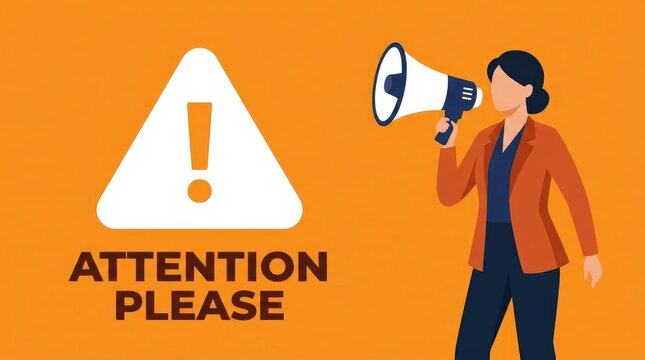 Professional businesswoman holding a megaphone next to an exclamation mark sign on a vibrant orange background