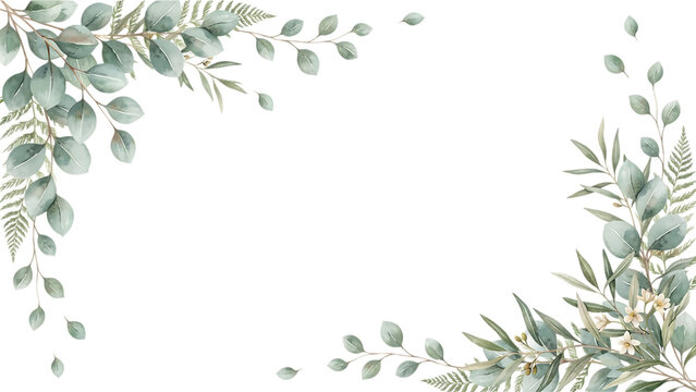 Watercolor eucalyptus leaves and fern branches floral frame isolated on a transparent background