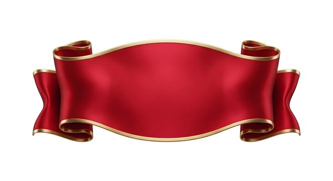 Elegant red silk scroll banner with golden edges isolated on a white background for festive design