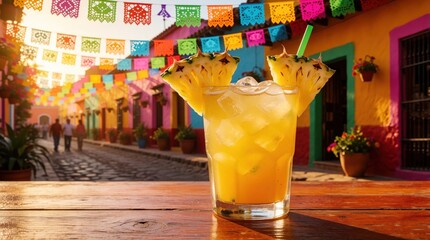 Obraz premium Tropical pineapple cocktail with ice sits on wooden table. Colorful decorations hang over cobblestone street in Mexican town. People walk through bright street during festive summer celebration in