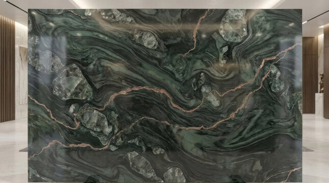 Luxurious dark green marble slab with natural gold veins for interior design.