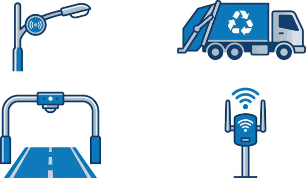 Smart city infrastructure vector icons, blue urban technology elements, recycling garbage truck and intelligent street lighting, automated road toll system