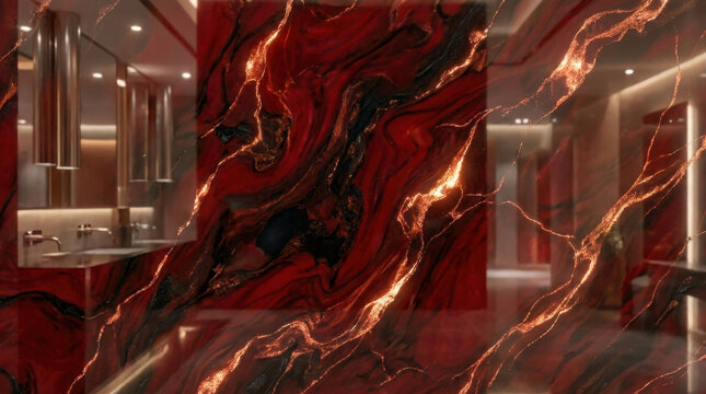 Luxurious modern bathroom interior design featuring dramatic red and black marble walls with golden veins.
